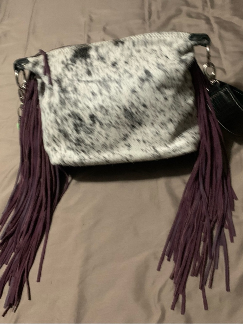 Holy Cow Couture mini designer, fringed in Black, White & Purple - Picture 2 of 6